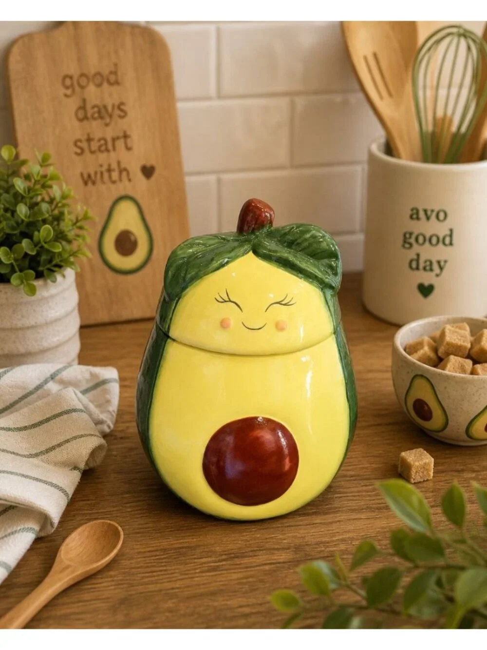 New Ceramic Smiling Avacado W/ Pit Sugar Jar Kawaii Kitchen Decor Container